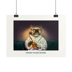 Plakat typograficzny "Pieskie? Raczej Boskie" (Buldog Francuski).
