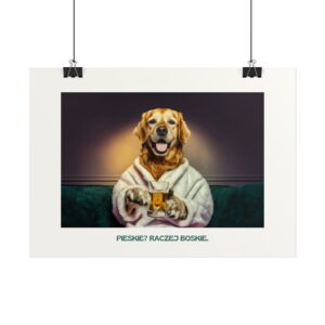 Plakat typograficzny "Pieskie? Raczej Boskie" (Golden Retriever).